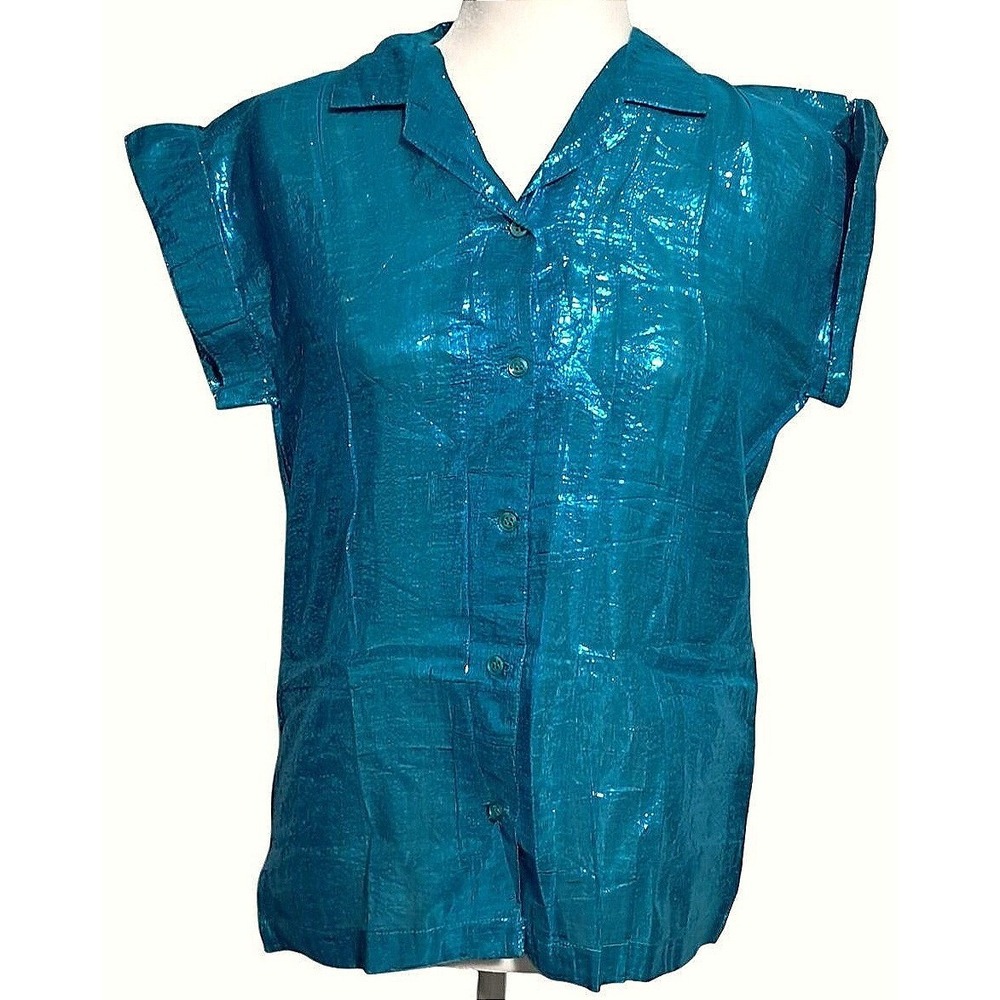 80s Retro Metallic Button Down‎ Blouse Women Size 3 Teal Blue Lurex Deadstock